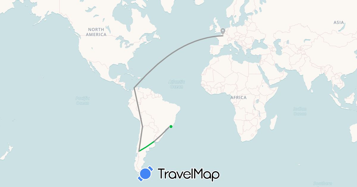 TravelMap itinerary: bus, plane in Argentina, Brazil, Chile, Colombia, France (Europe, South America)
